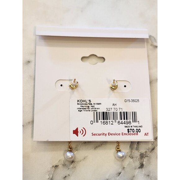 Primavera Italy 24K Gold Over Sterling Dangle Earrings Chain & Faux Pearl Drop - Picture 3 of 5